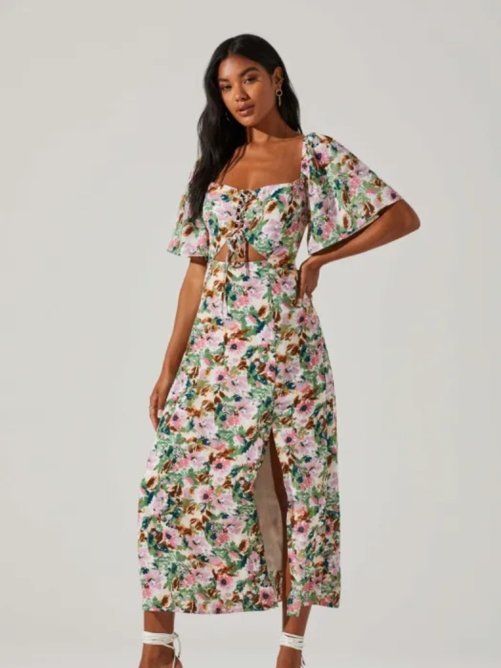ASTR Floral Tie-Front Pink Midi Dress Large - Picture 2 of 16